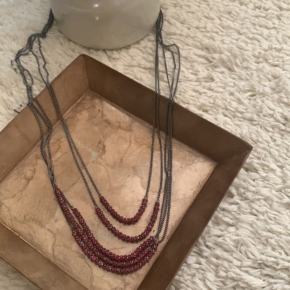 Red Stones Long Layered Necklace